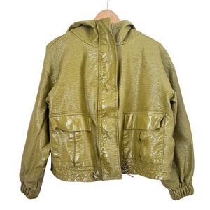 Narcissus Olive Green Faux Leather Hooded Jacket w/ Zip Closure & Drawstring Hem